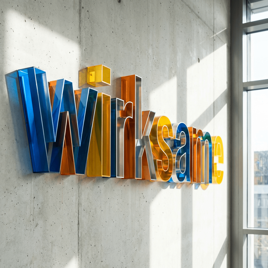 3D translucent colorful sign reading 'Wirksam' mounted on a textured concrete wall.
