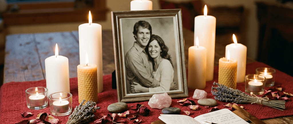Memorial altar with lit candles, framed couple photo, dried flowers, and an open journal.