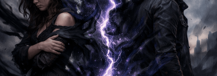 A hooded woman and a man in a leather jacket stand back to back separated by a glowing purple lightning rift