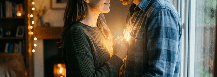 Couple standing close by a window, holding a small glowing light, smiling warmly at each other