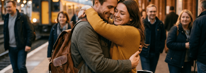 Couple hugging intimately on train station platform with luggage and passengers