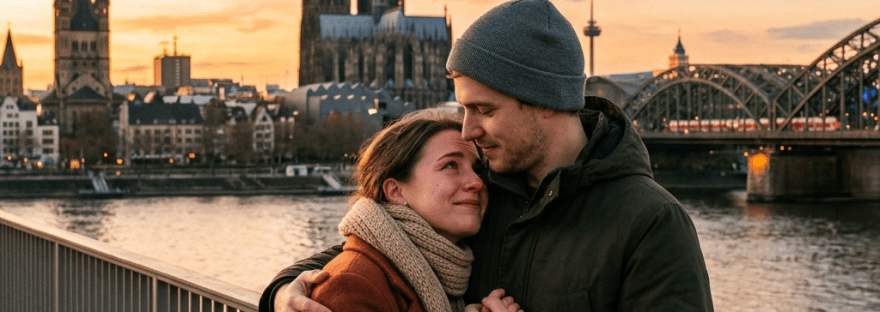 Couple embracing on a bridge with Cologne cathedral and river in background